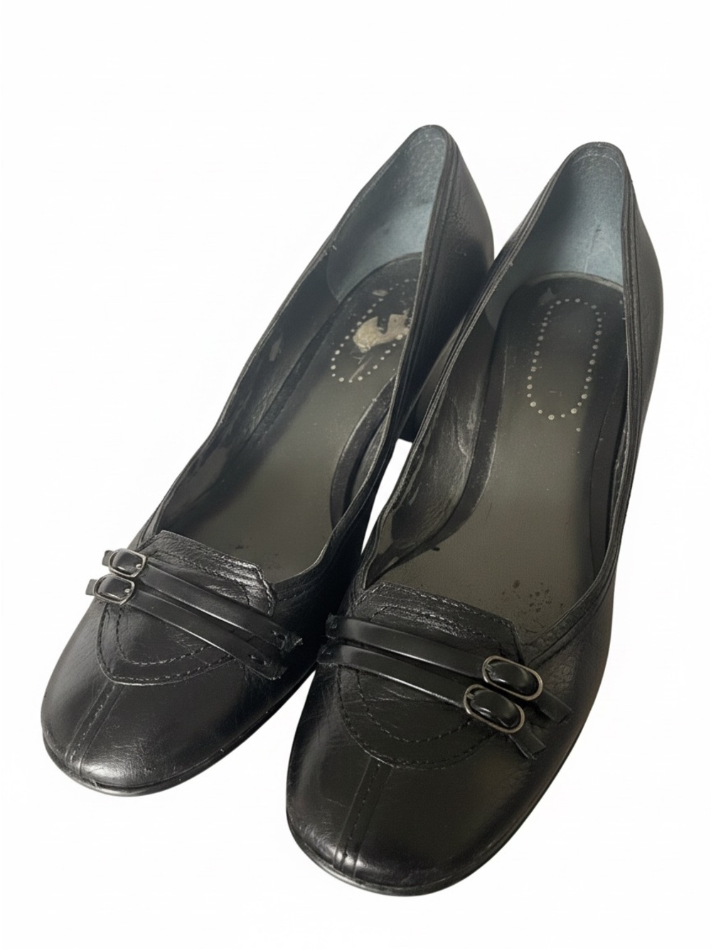 Nine West Black Leather Block Heel Pumps with Buckle Detail - 7.5